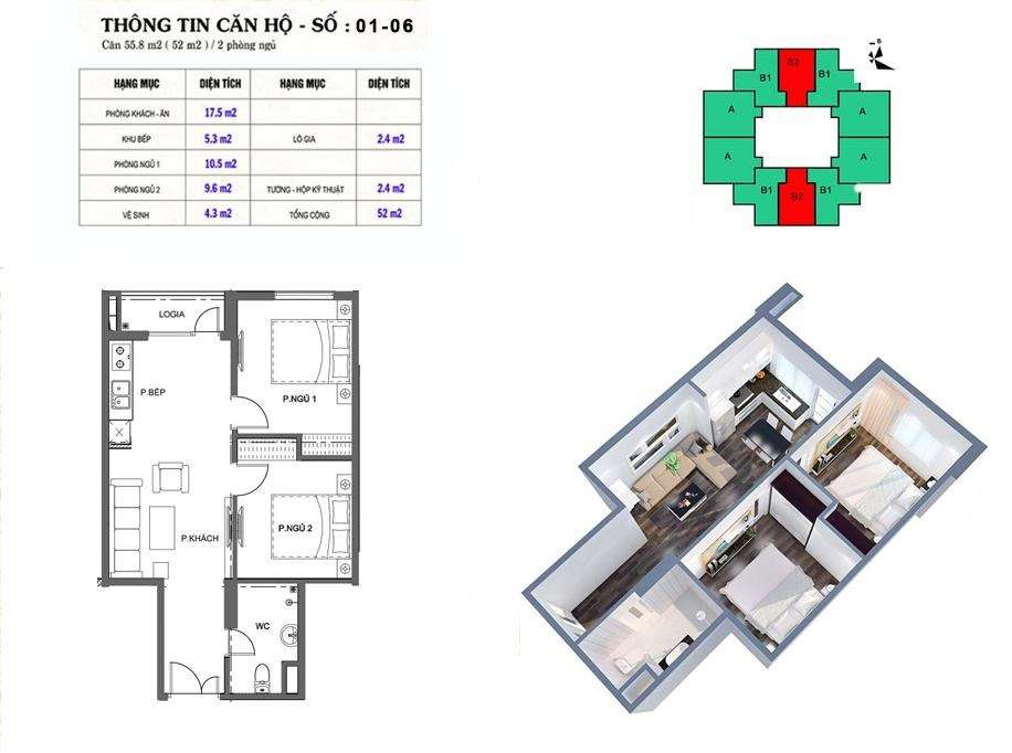 Thiết kế căn hộ 52 m2 tòa M2