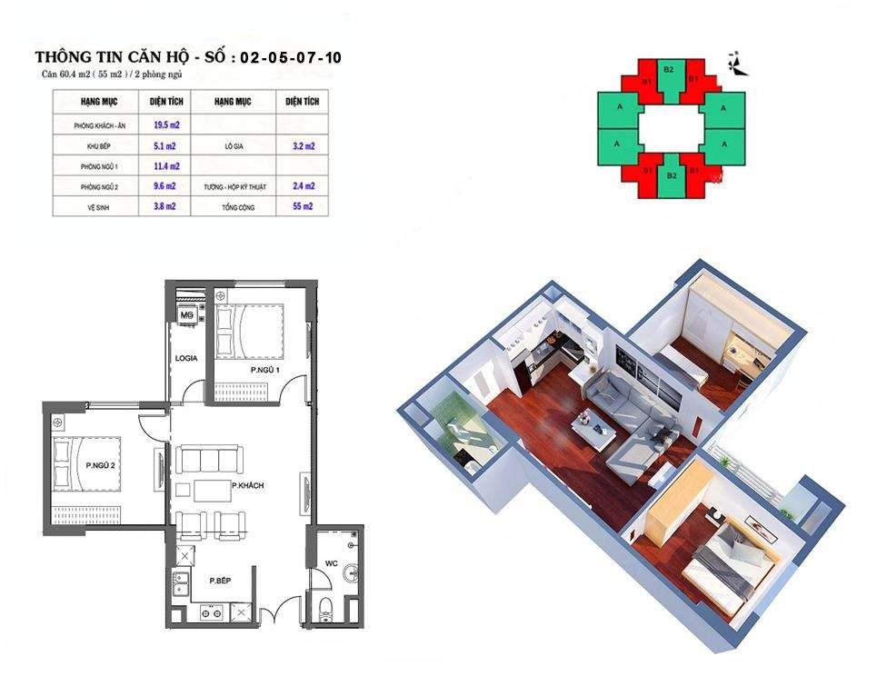 Thiết kế căn hộ 55 m2 tòa M2
